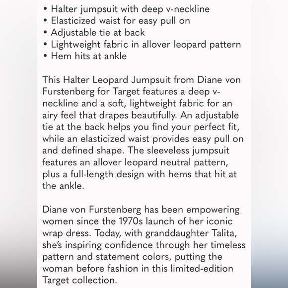 NWT Diane Von Furstenberg X Target Halter Neutral Leopard
Jumpsuit - Picture 7 of 7